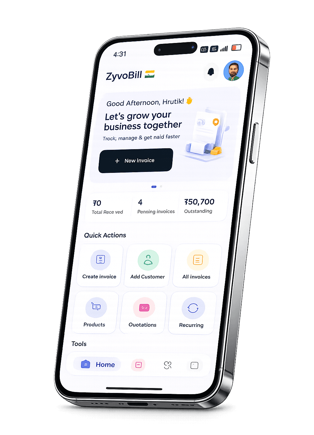 ZyvoBill mobile app dashboard showing invoices, customers, quotations and quick actions