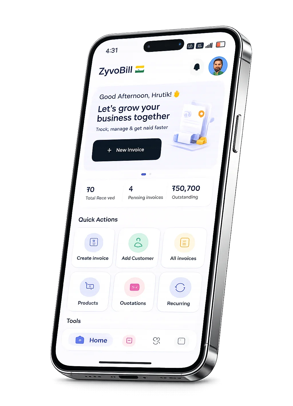 ZyvoBill mobile app dashboard showing invoices, customers, quotations and quick actions